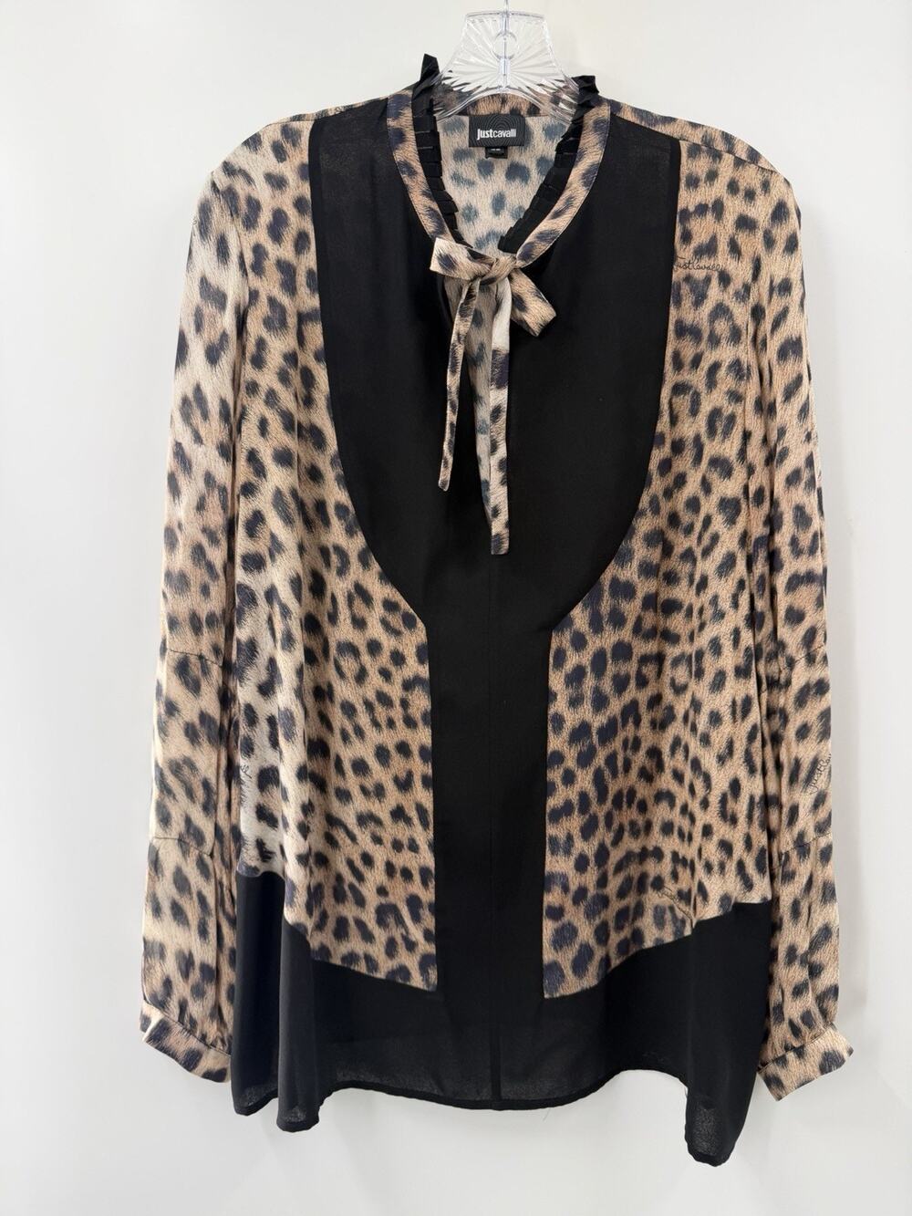 Just Cavalli 100% Silk Leopard Print Tie Neck Blouse Black Contrast Top IT 40